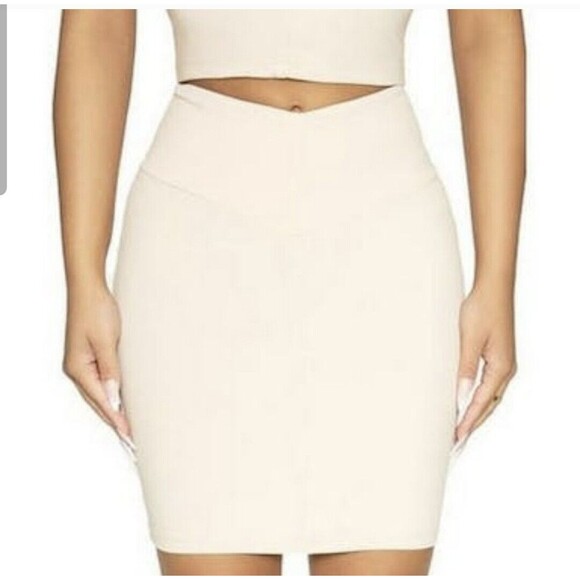 Naked Wardrobe V-Cut Mini Skirt in Oatmeal Stretchy Ribbed Bodycon Womens S NWT - Picture 13 of 13